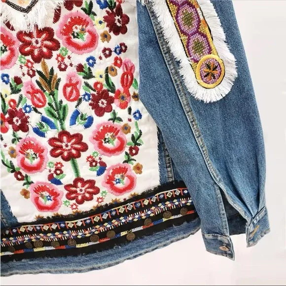 Denim bohemian stitched Aztec tribal floral embroidered denim jacket coat - Picture 8 of 16